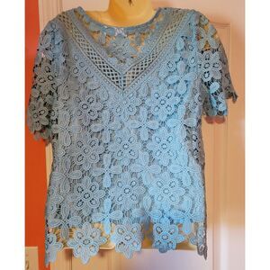 Rafaella Aqua  Lace Mock V Neck Short Sleeve Blouse‎ M